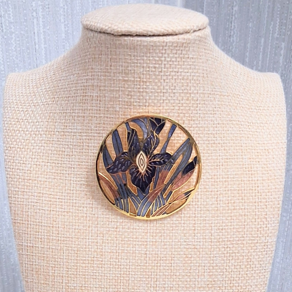 Vintage Cloisonne Iris Brooch Purple Flower Signed CL